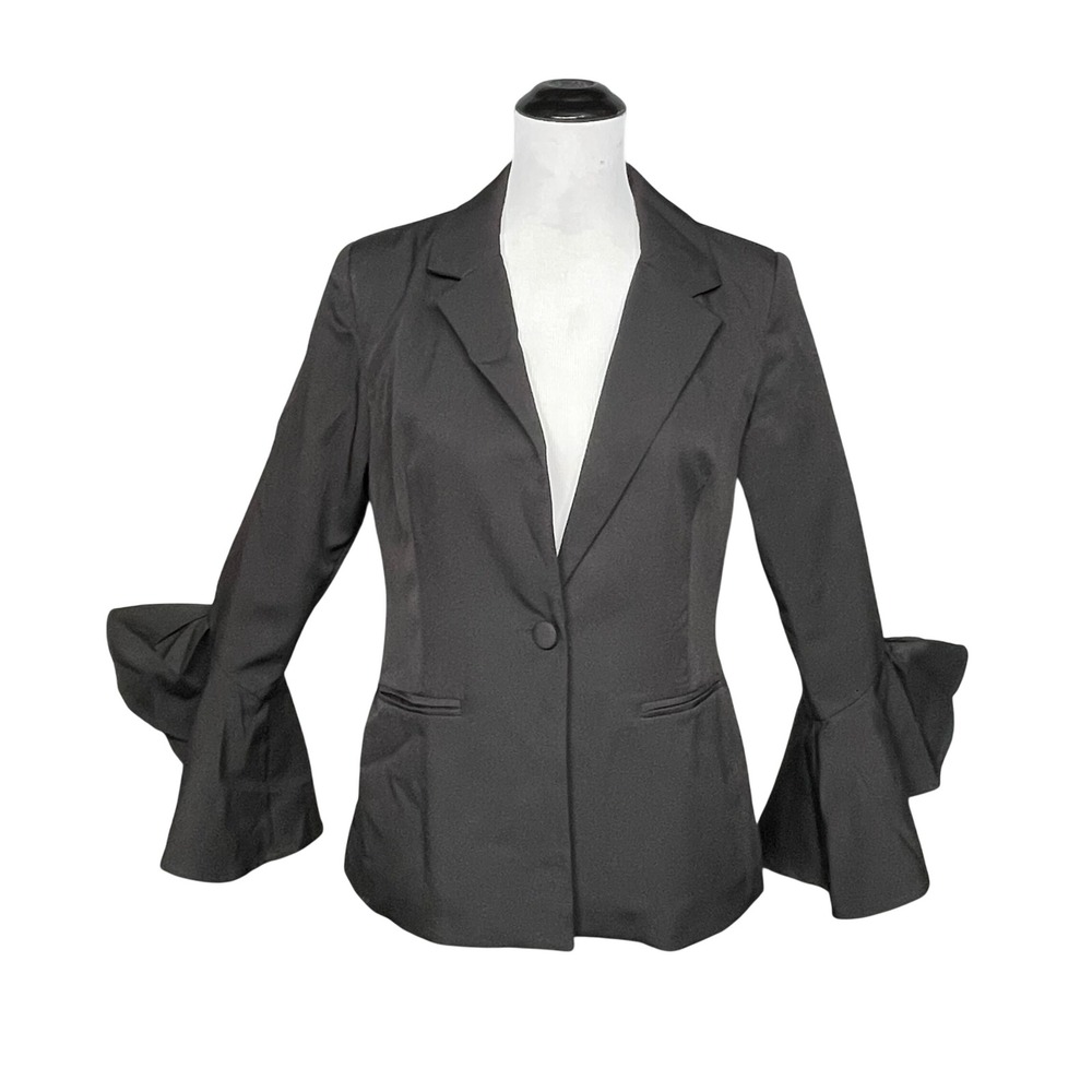 Love & Other Things Blazer Women M Black Ruffle Bell Sleeve One Button Witchcore